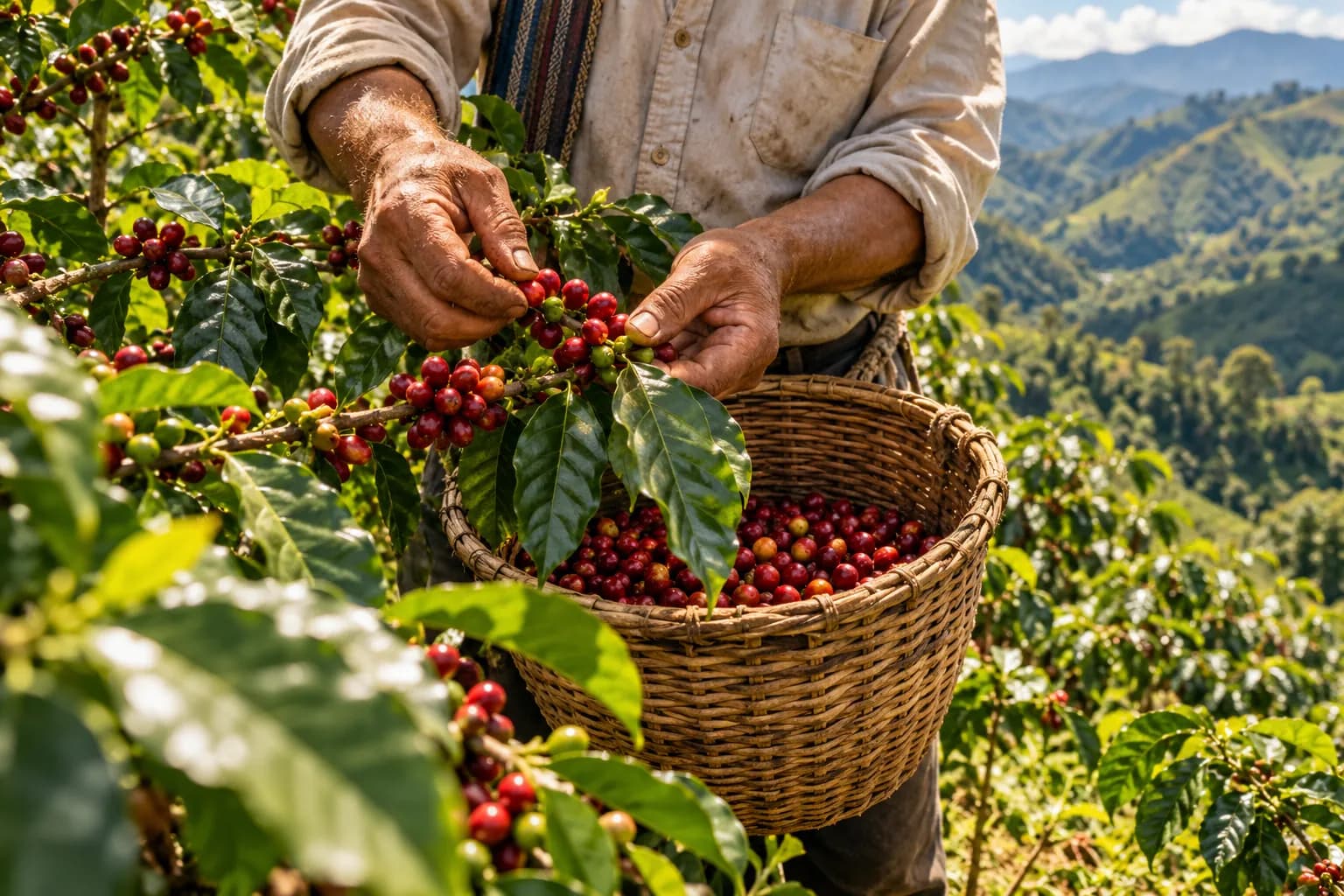 Hands picking ripe coffee cherries on a coffee farm