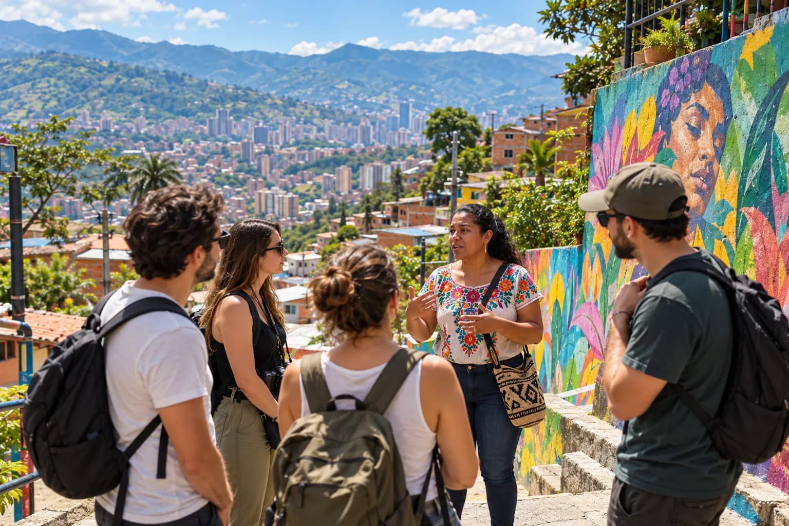 Travelers listening to a community leader in front of a mural