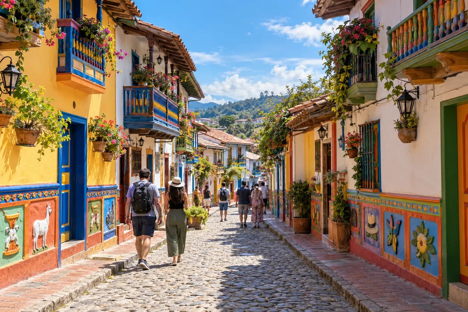 Casas con zócalos de colores en una calle de Guatapé