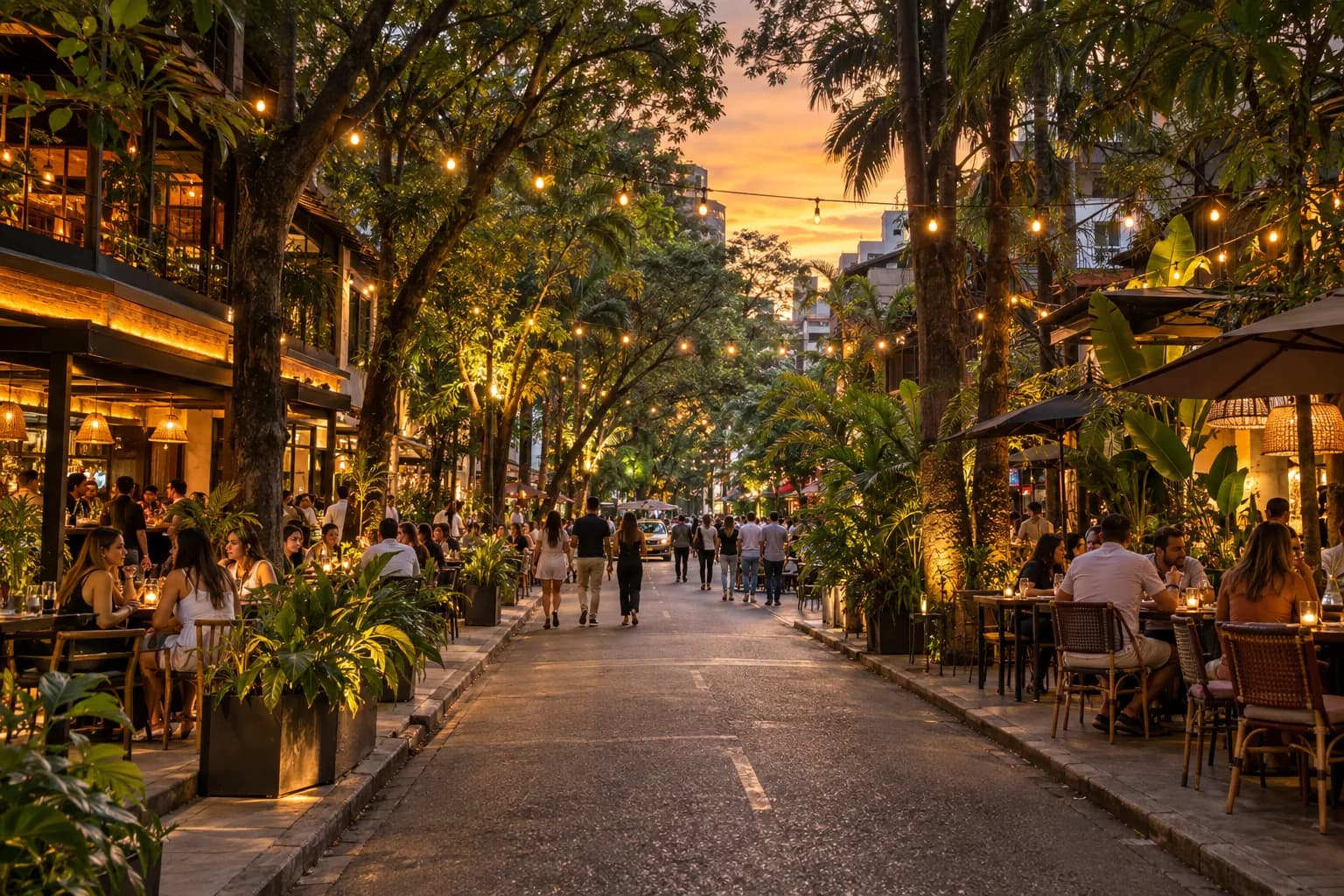 Calle arborizada con restaurantes y cafés al atardecer en El Poblado