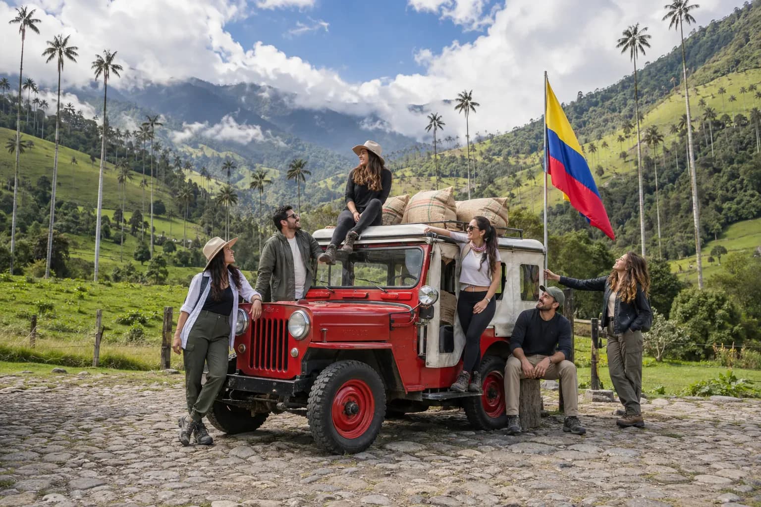 Viajeros junto a un jeep con bultos de café entre palmas de cera