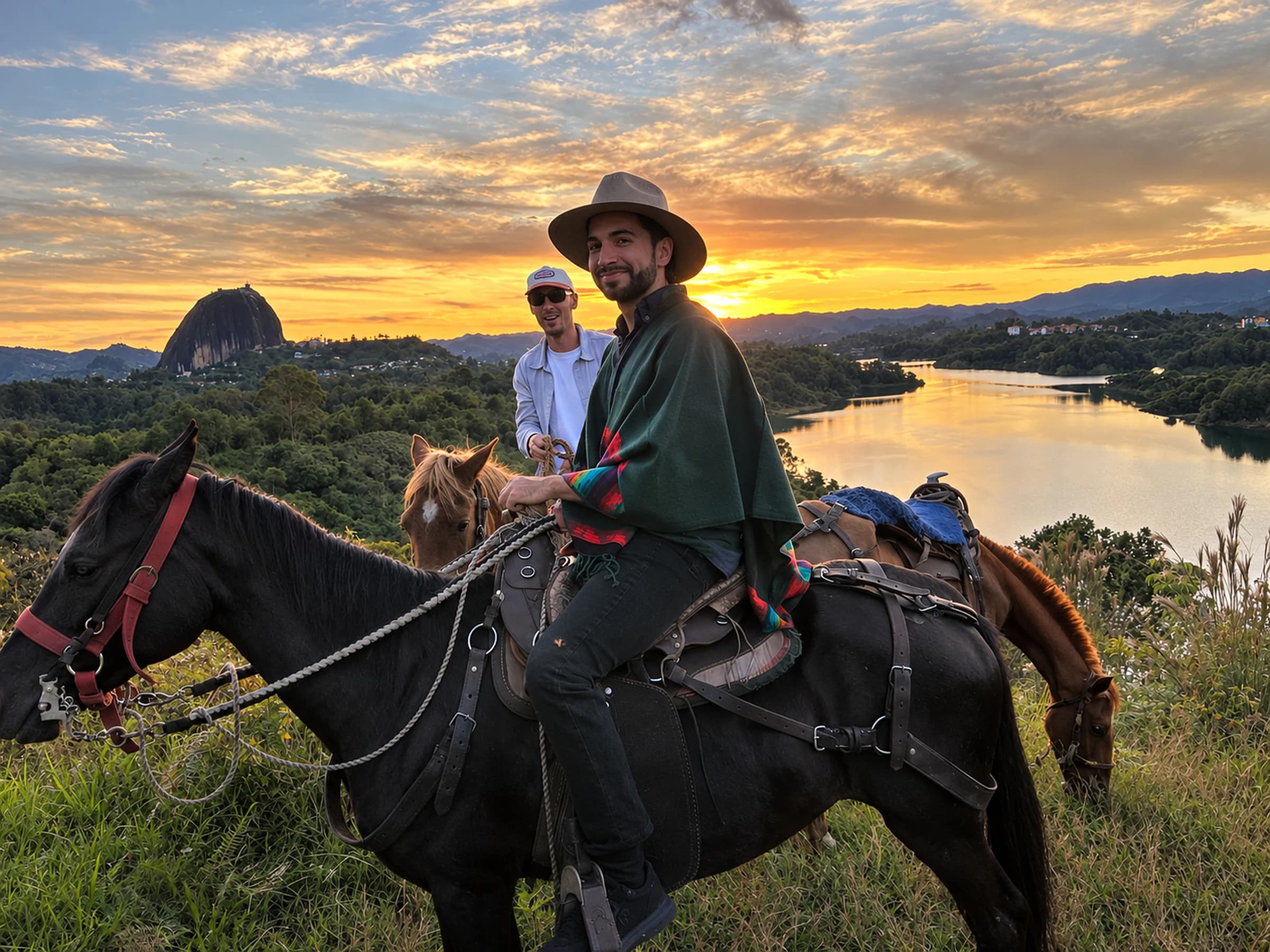 Two riders on horseback with the Rock of El Peñol and sunset in the background.