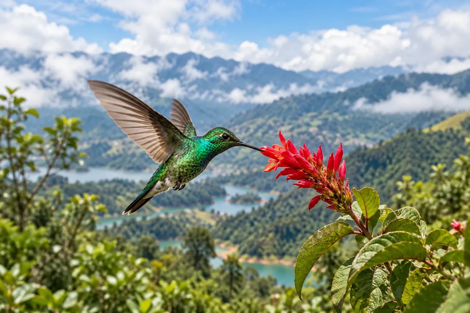 Hummingbird next to a flower in a cloud forest