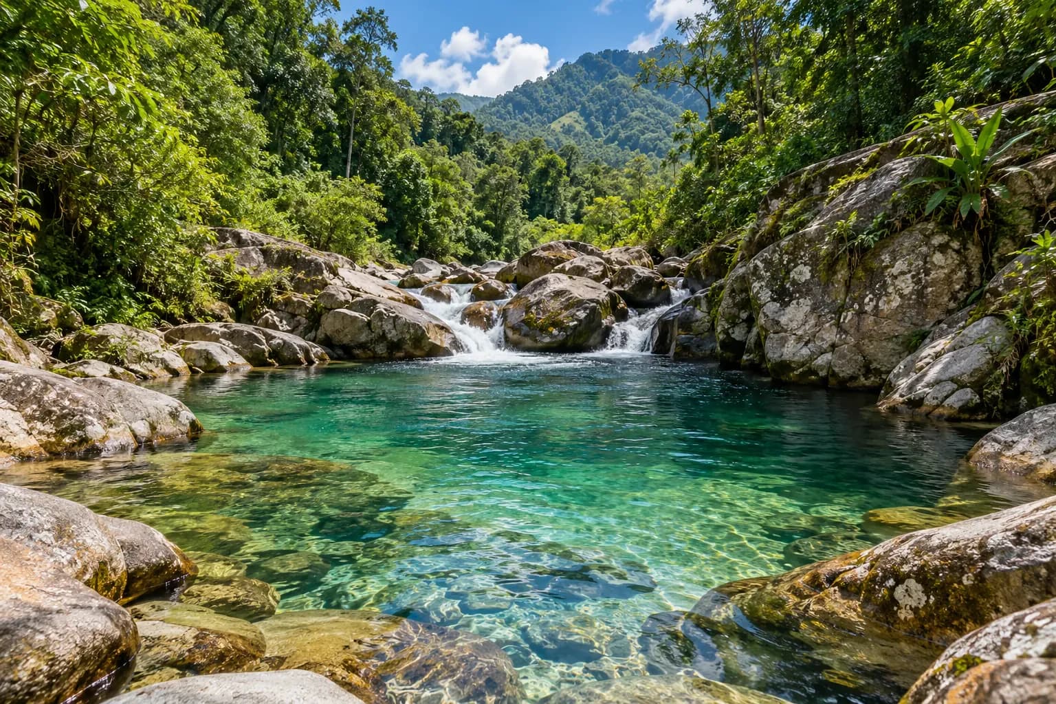 Crystal-clear river among rocks and tropical forest