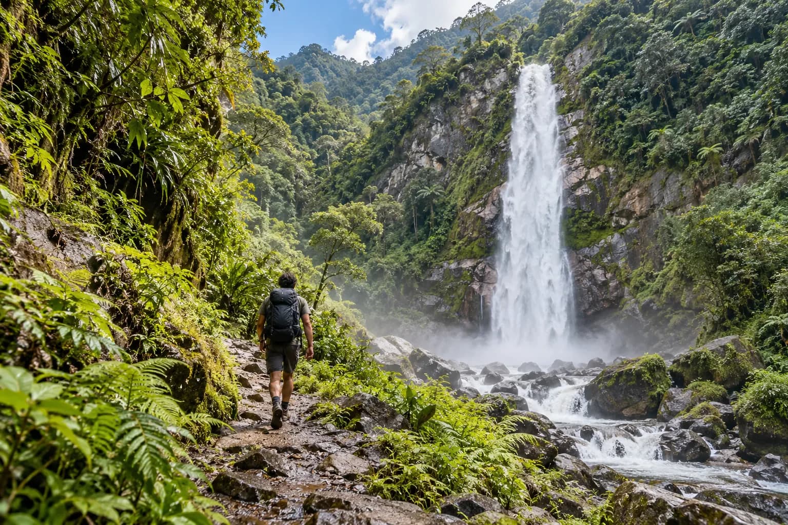 Hiker on a forest trail next to a waterfall in the mountains