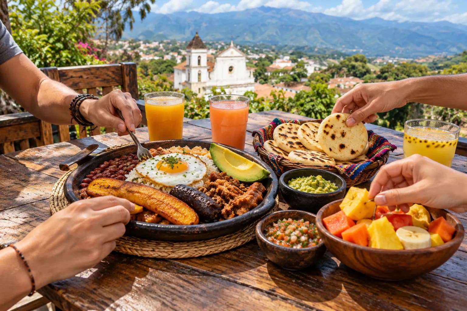 Table with typical Antioquian food, arepas and tropical fruit