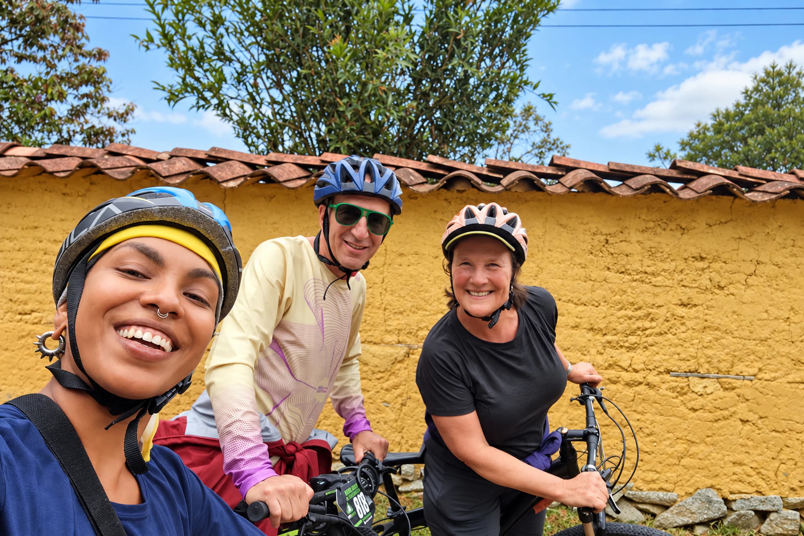 Three smiling people with bicycles in a rural setting of Guatapé, Antioquia.