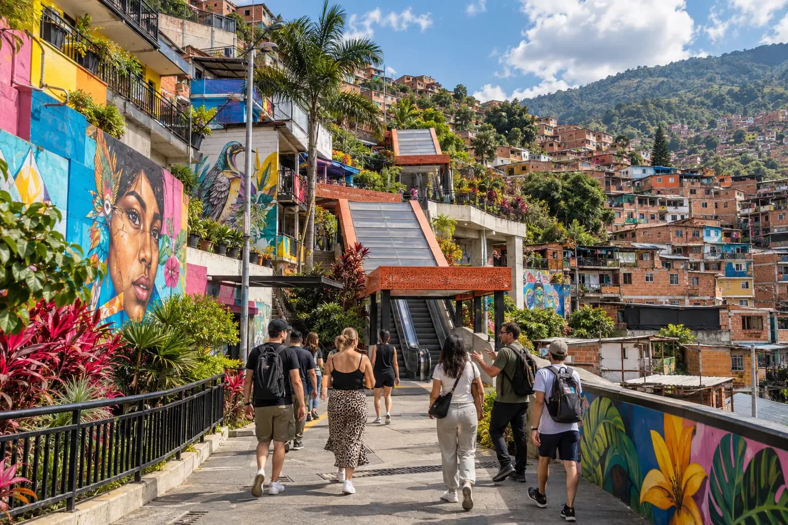 Graffiti, hillside houses and outdoor escalators in Comuna 13