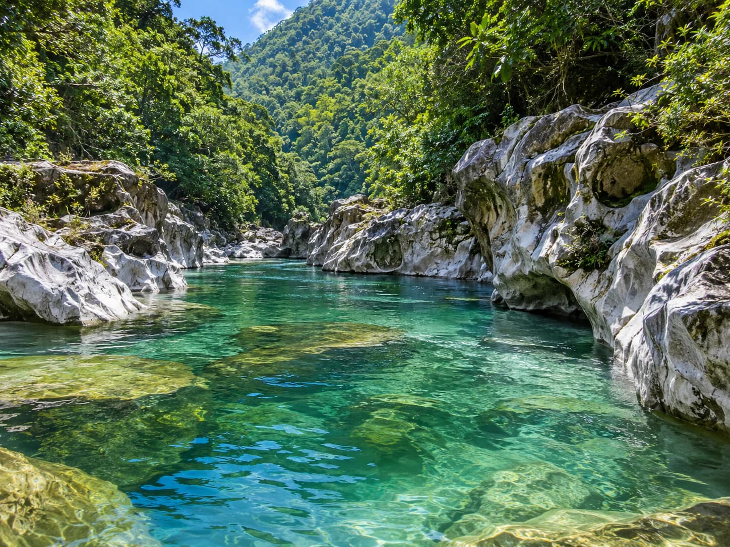 Rio Claro with crystal clear waters surrounded by rocks and lush vegetation in a natural setting.