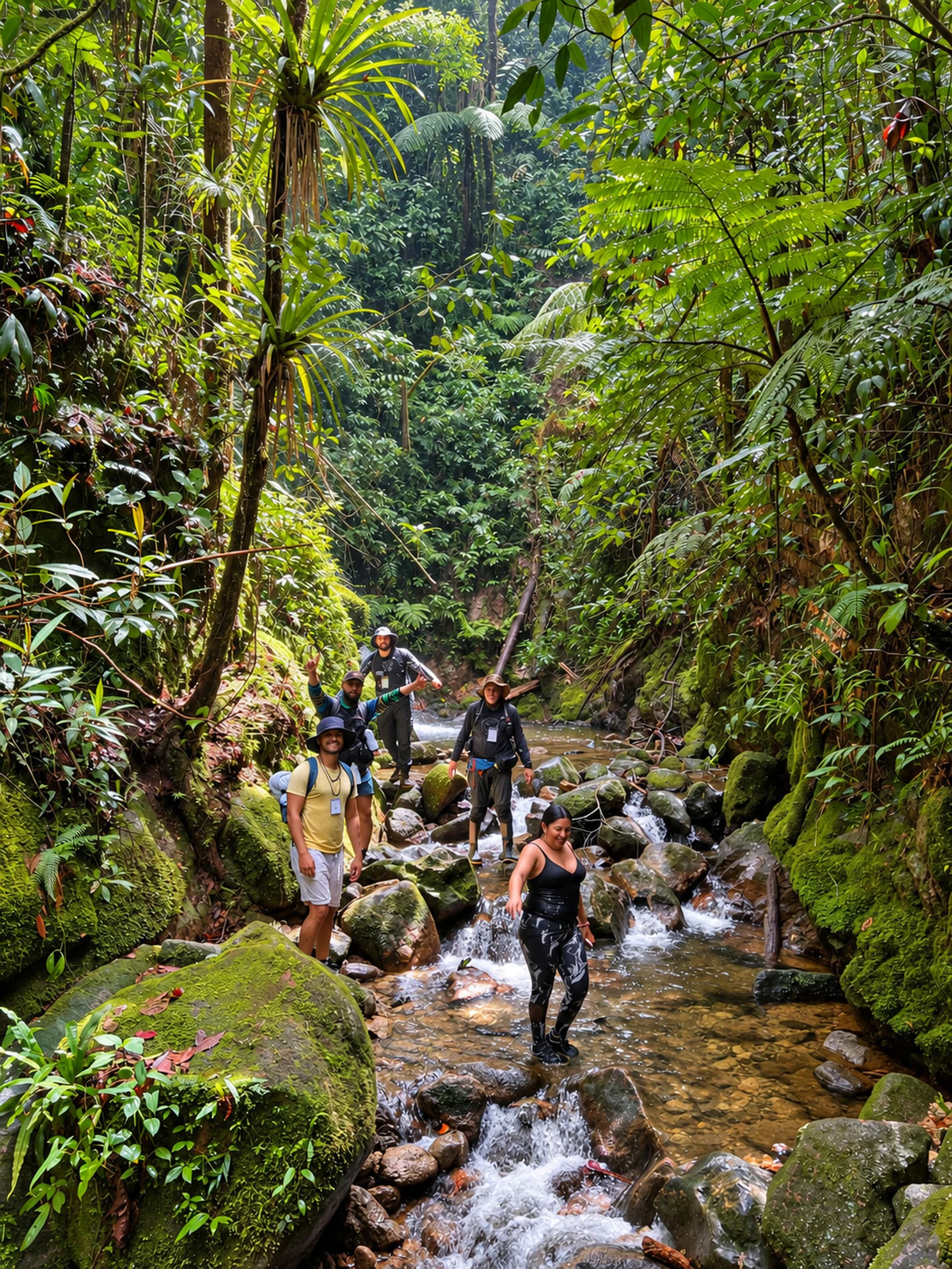 Hiker on a natural trail next to a waterfall in Guatapé, surrounded by lush vegetation.