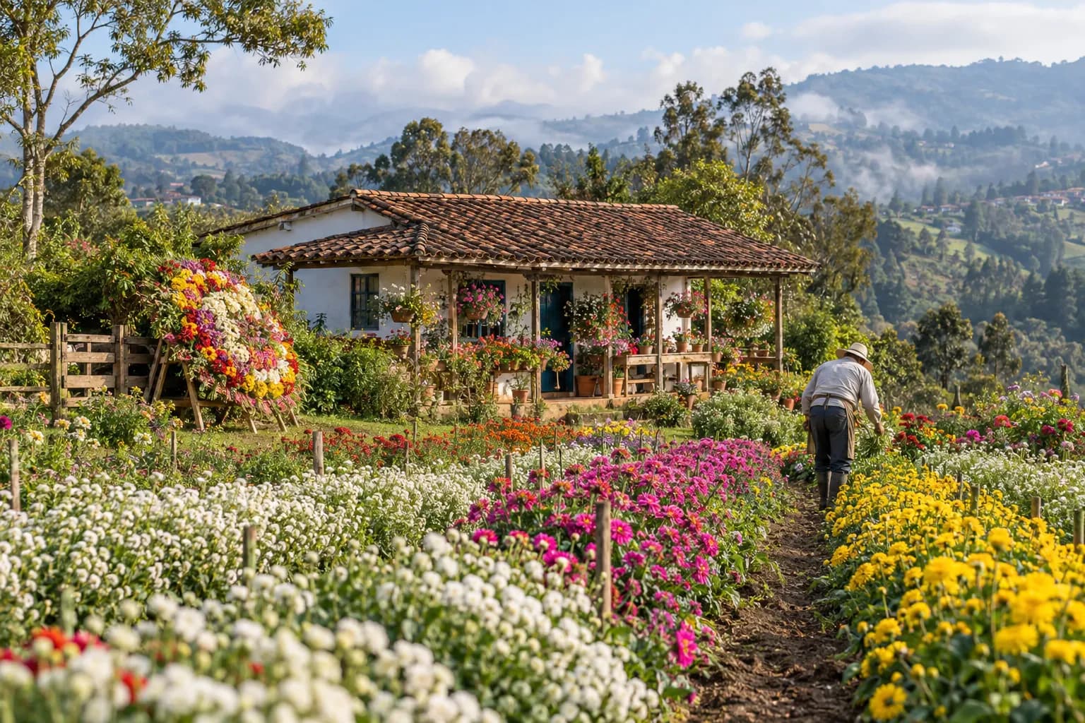 Cultivo de flores y silleta tradicional en una finca de montaña