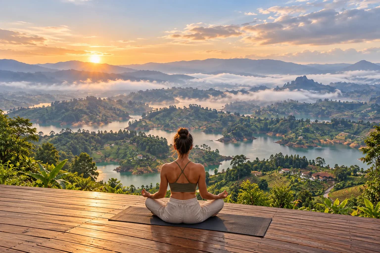 Sunrise yoga on a terrace overlooking the mountains