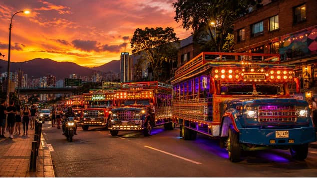 Chiva rumbera recorriendo Medellín de noche durante la Feria de las Flores con música y ambiente festivo.