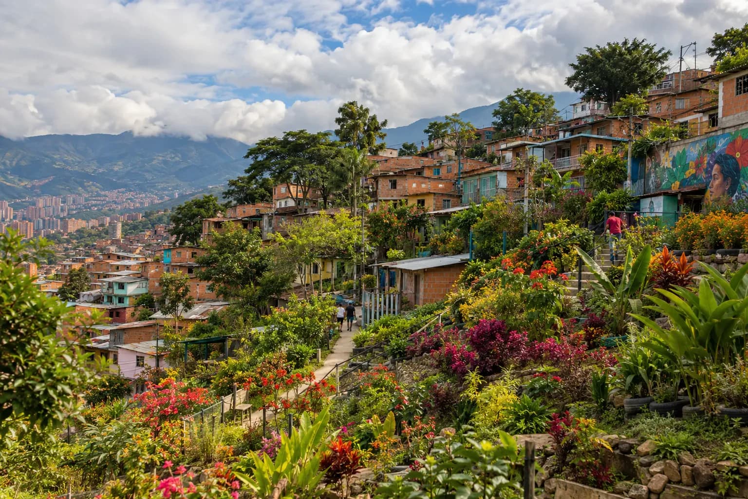 Casas de ladrillo, murales y jardines comunitarios en un barrio de ladera de Medellín