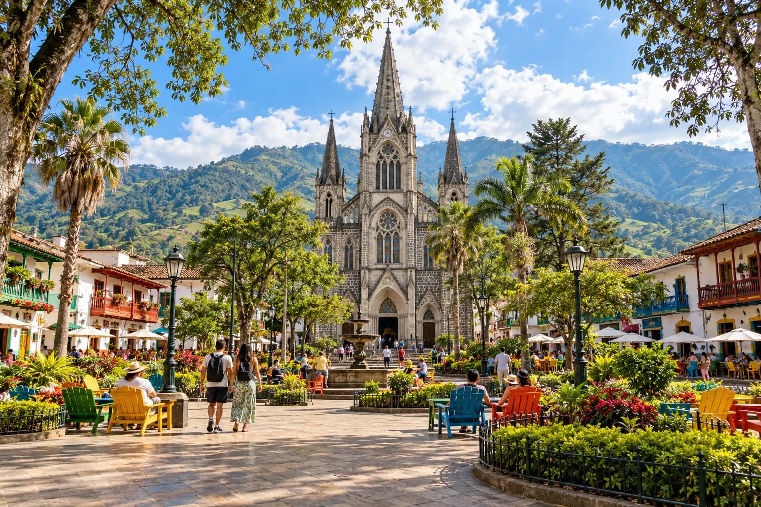 Plaza de Jardín con su basílica de piedra y sillas de colores